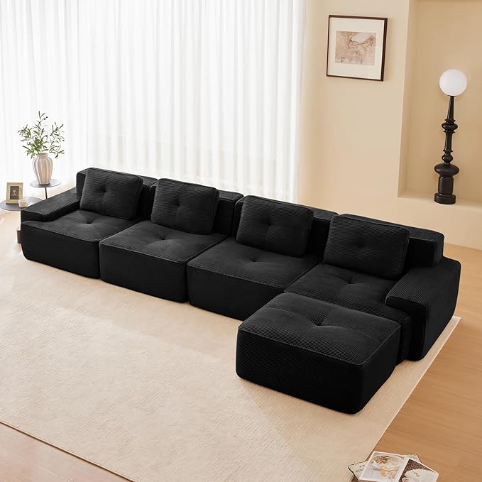 150" Modern Corduroy Cloud Sofa with Ottoman, L Shaped Boneless Modular Large Sectional Couches for Living Room, Black 4 Seater Compressed Memory Foam Couch, Extra Deep Seat, No Assembly