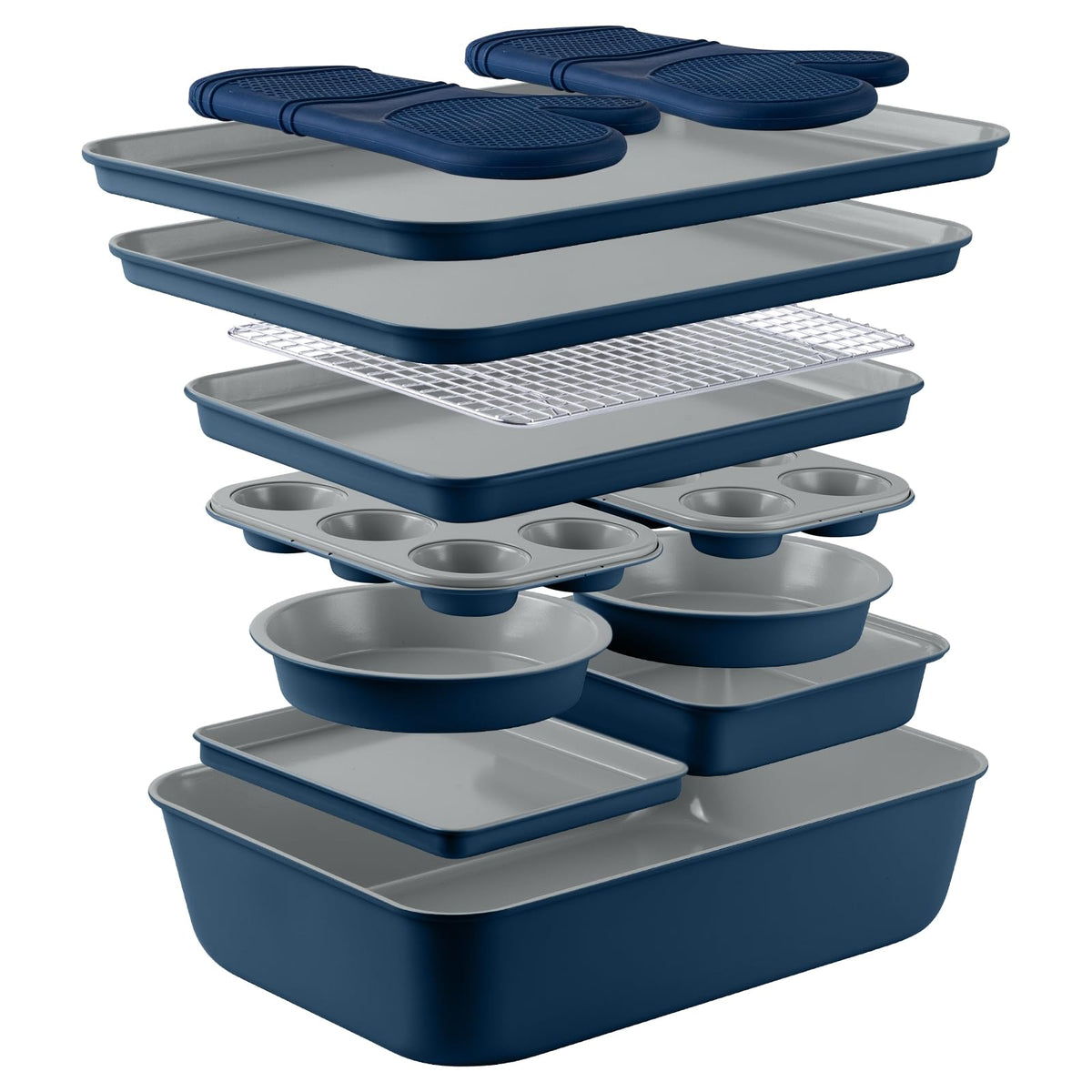 Country Kitchen Nonstick Stackable Bakeware Set - Deluxe Heavy Duty, Durable, Easy Release Baking Set, Denim, 13 Pcs