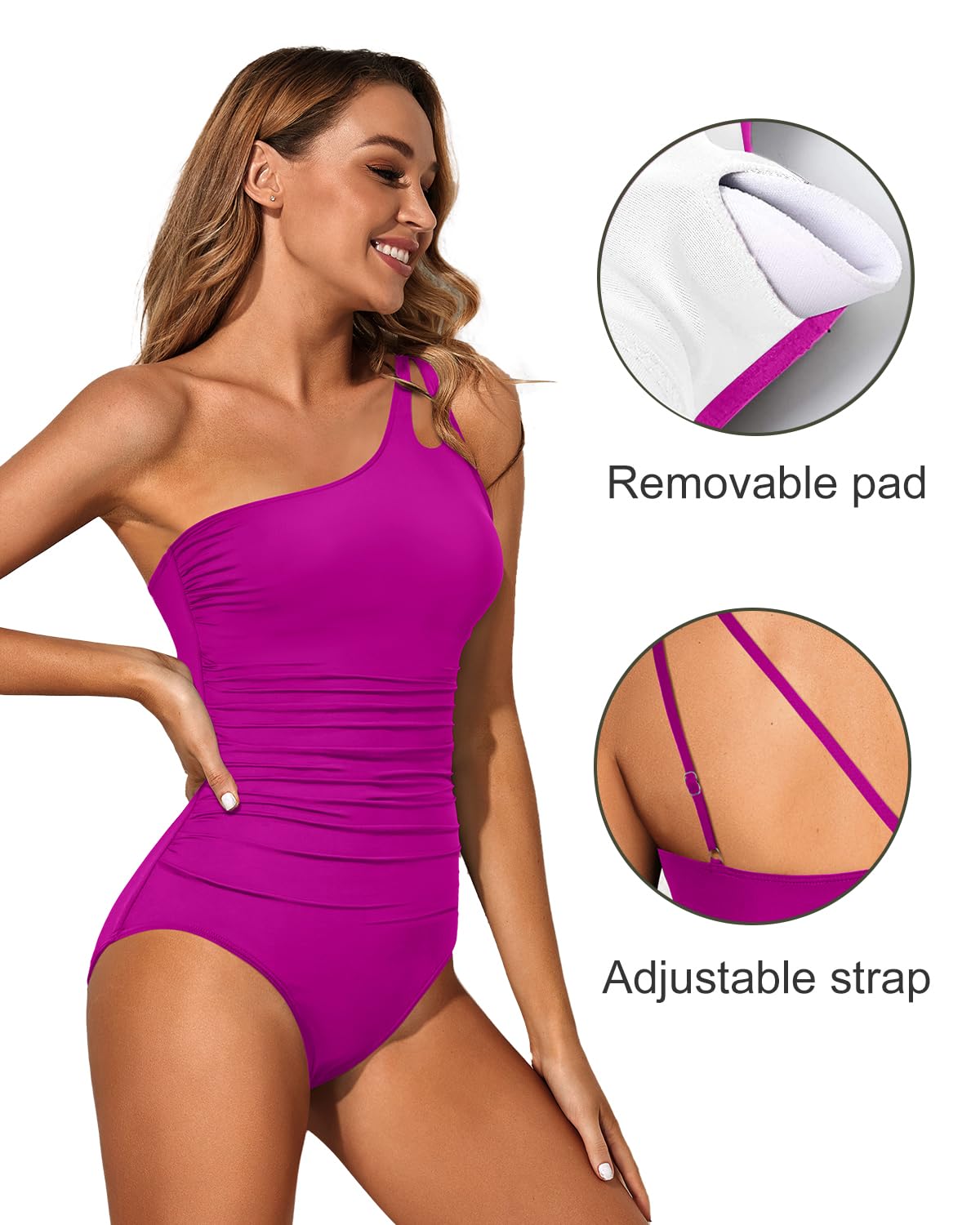 Holipick One Shoulder One Piece Swimsuit for Women Tummy Control Bathing Suits Modest Full Coverage Keyhole Swimwear Pink