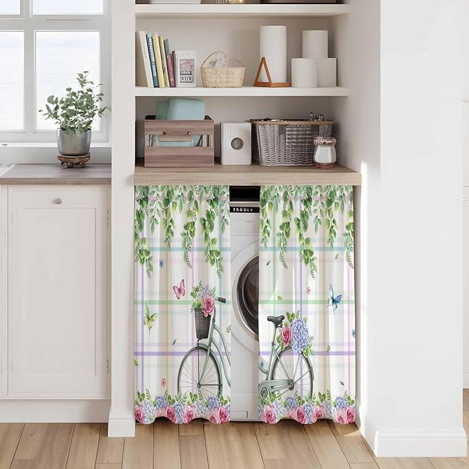 Spring Kitchen Curtains, Bicycles Botanical Leaves Rose Colorful Stripes Light