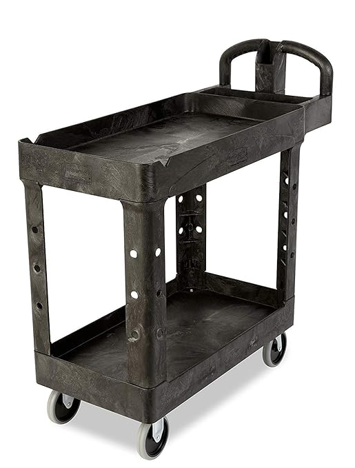 Rubbermaid Commercial Products 2-Shelf Utility/Service Cart, Small, Lipped Shelves, Ergonomic Handle, 500 lbs. Capacity, for Warehouse/Garage/Cleaning/Manufacturing