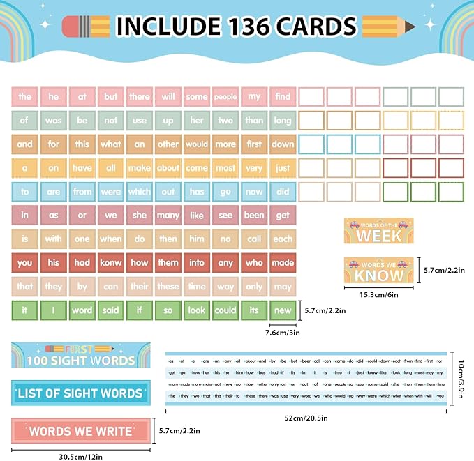 Sight Words Pocket Chart Cards,First 100 Sight Words Flash Cards with Interactive Pocket Chart,25.8"x30.7" Classroom Pocket Chart for Sentence Strips, Vocabulary, Spelling for Home School Use (Black)