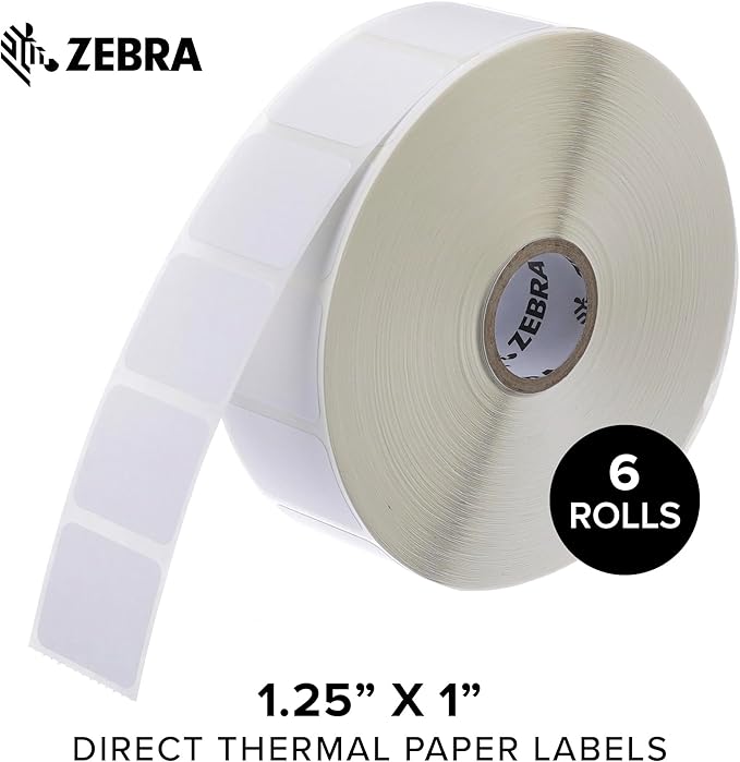Zebra 1.25 x 1 in Direct Thermal Paper Labels Z-Perform 2000D Permanent Adhesive Shipping Labels 1 in Core 6 rolls 10031633SP