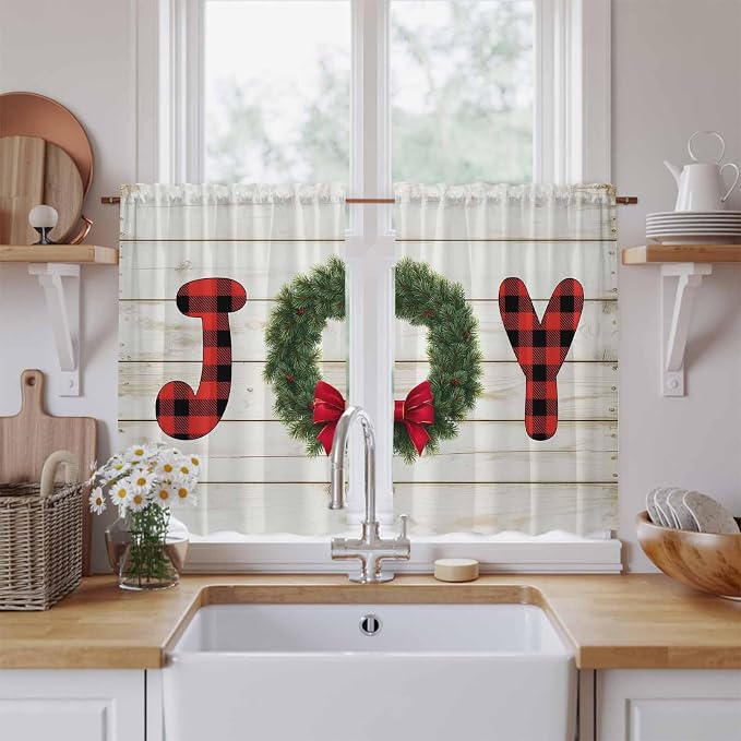 Christmas Wreaths Kitchen Curtains 54 Inch Long 2 Panel Set, Rod Pocket Window