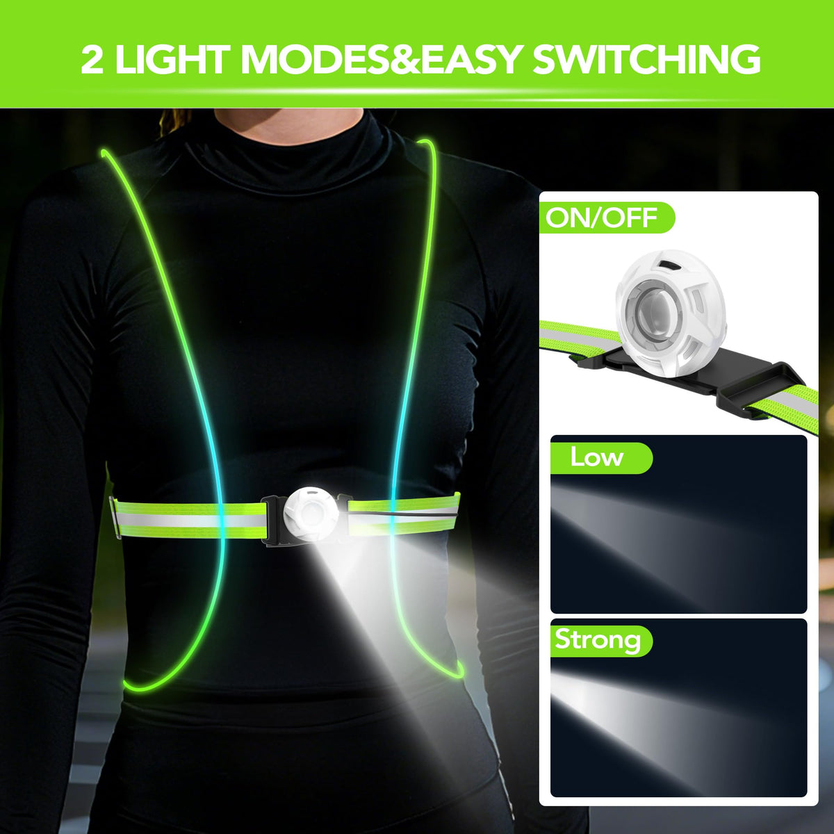 LED Reflective Running Vest Lights for Runners, Running Lights with Front Light, Safety USB Rechargeable Reflective Night Lights For Men/Women Running Walking Cycling, Three Light Modes with 7 Colors