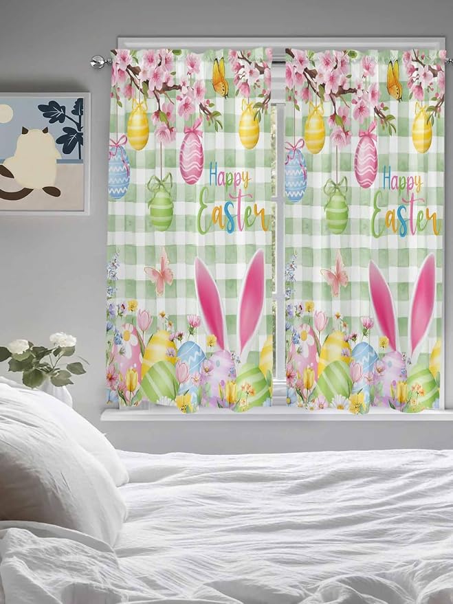 Happy Easter Bedroom Curtains 63 Inches length, Spring Bunny Eggs Flower Sage
