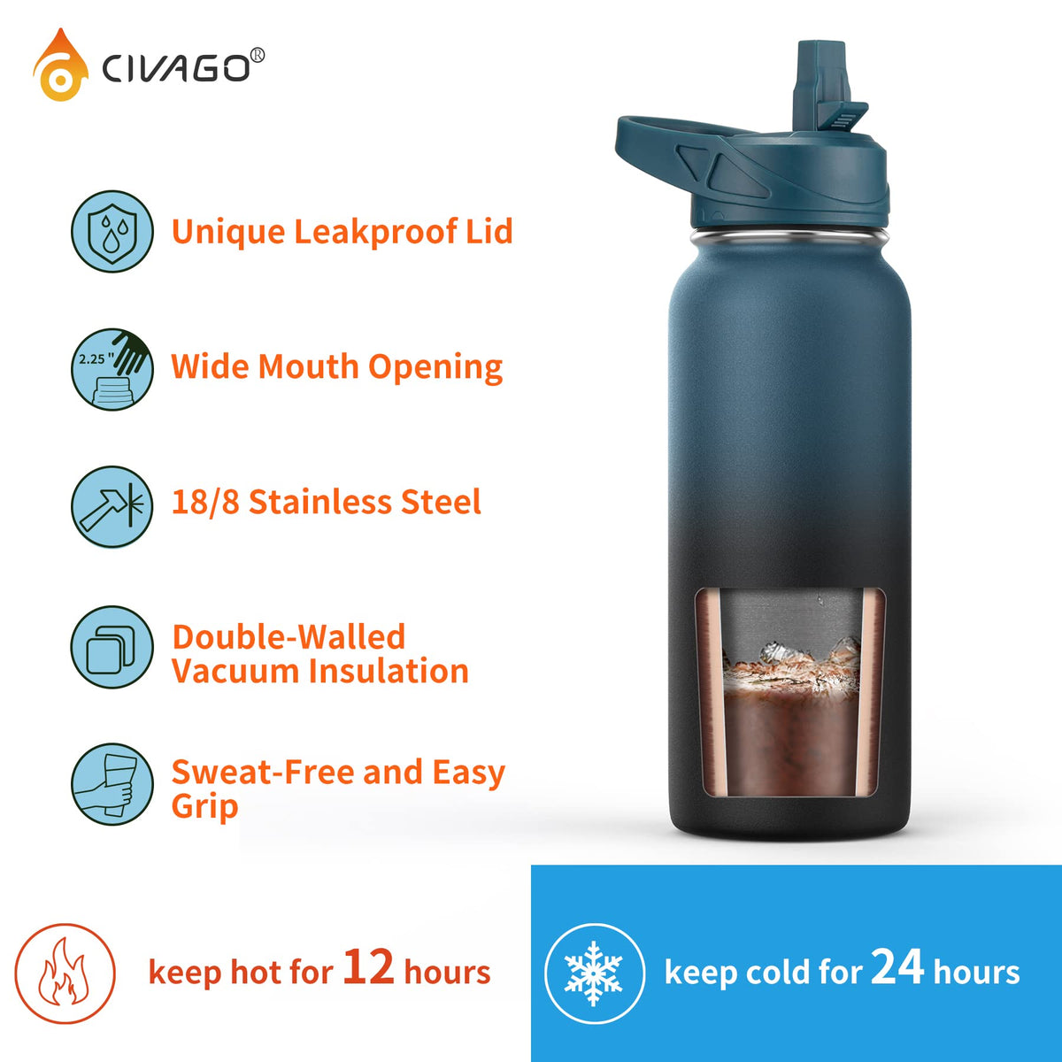 CIVAGO 40 oz Insulated Water Bottle With Straw, Stainless Steel Sports Water Flask Cup with 3 Lids (Straw, Portable Spout and Handle Lid), Double Walled Travel Thermal Canteen Mug, Classic Omber Gray