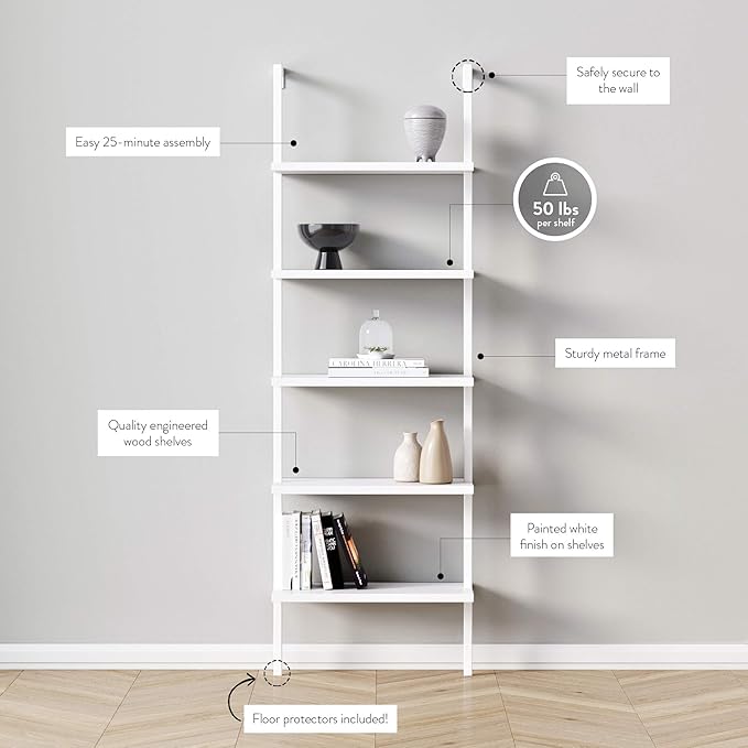 Nathan James Theo 5-Shelf Modern Bookcase, Open Wall Mount Ladder Bookshelf with Industrial Metal Frame, White, Set of 2