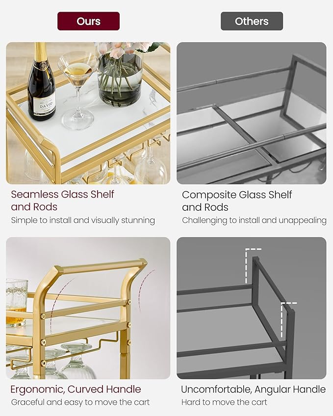 VASAGLE Bar Cart, Home Bar Serving Cart with 3 Tiers, Kitchen Shelf with Wine Rack, Glass Holders, for Small Spaces, Dining Room, Living Room, Pale Gold ULRC101A01