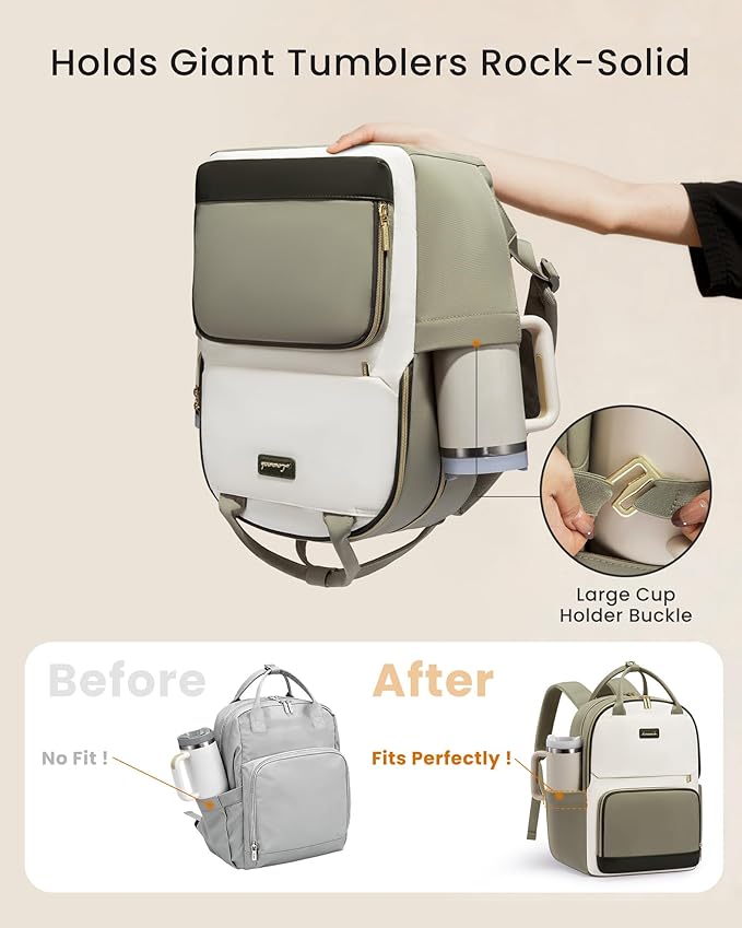 LOVEVOOK Laptop Backpack for Women with Giant Tumbler Holder Pocket, 15.6 inch Travel Work Backpack Purse for Teacher Nurse, Waterproof College Book Bag Cute Casual Daypack, Beige-Green