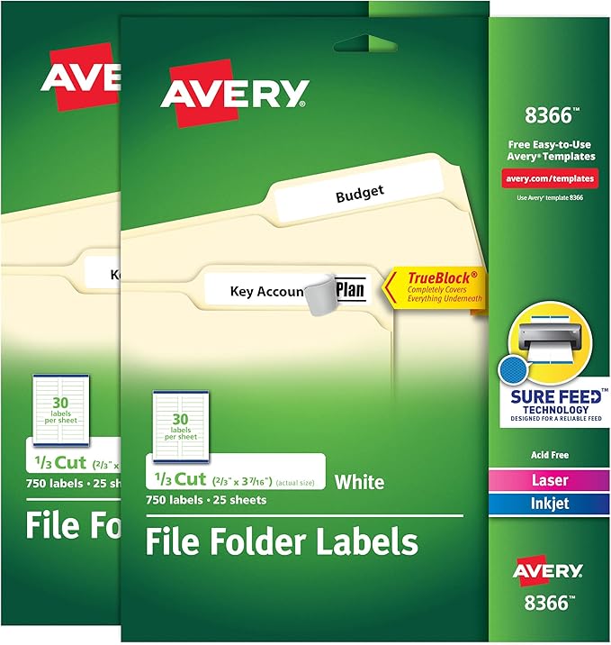 Avery File Folder Labels with TrueBlock Technology, Permanent Adhesive, 2/3" x 3-7/16", Laser/Inkjet, 2-Pack, 1,500 Labels Total (38366)