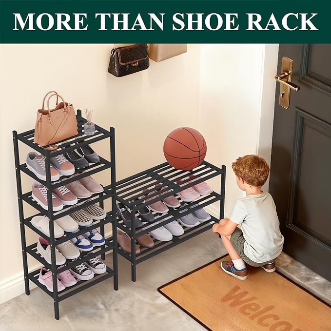 Smiry Small Bamboo Shoe Rack 2-Tier, Stackable Wooden Shoe Organizer for Entryway & Closet, Free Standing Wood Shoe Storage Shelf for Front Door & Small Spaces, Black