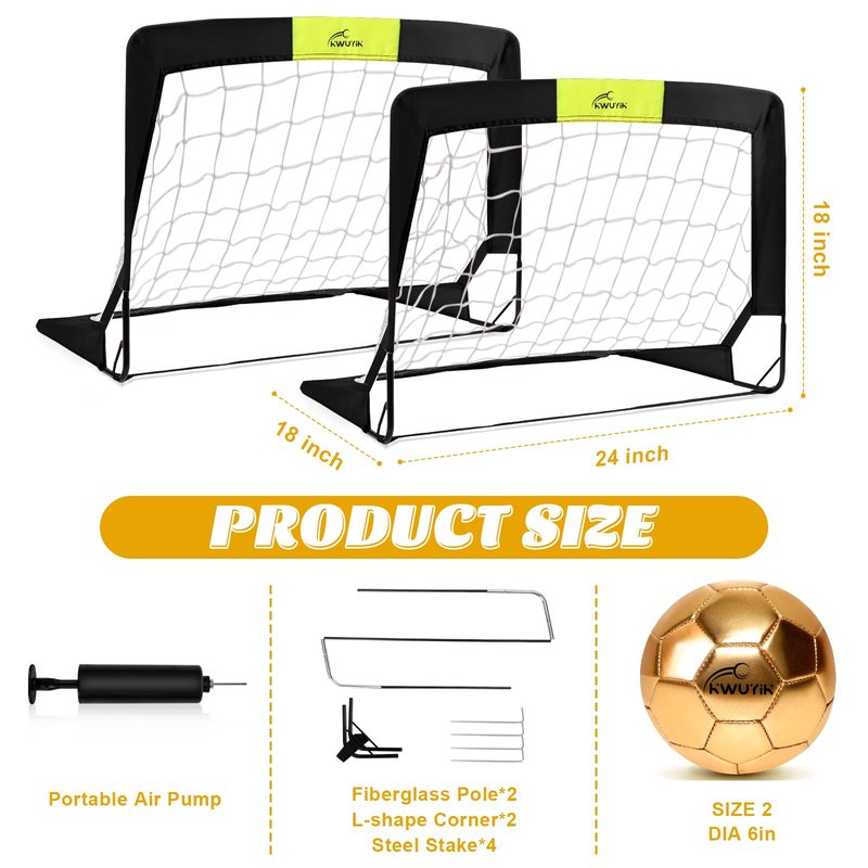 4Pcs Soccer Goals Set 2Pcs Soccer Nets 2x1.5ft 1Pcs Ball 1Pcs Pump Indoor Soccer Nets for Kids with Size 2 Toddler Soccer Ball Foldable Net with Pump Pink Purple for Children Boys Girls (Gold)
