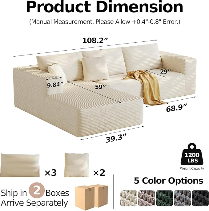 108'' Modular Sectional L-Shaped with Chair,Deep Seat Boneless Corner Couch for Living Room,Plush Corduroy Couch with Detachable Sofa Set,No Assembly (Left Facing Chaise,Beige)