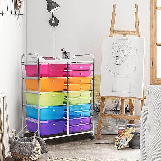 COSTWAY 15 Drawer Rolling Storage Cart, Mobile Utility Cart with Lockable Wheels, Drawers, Multipurpose Organizer Cart for Home, Office, School, Rainbow