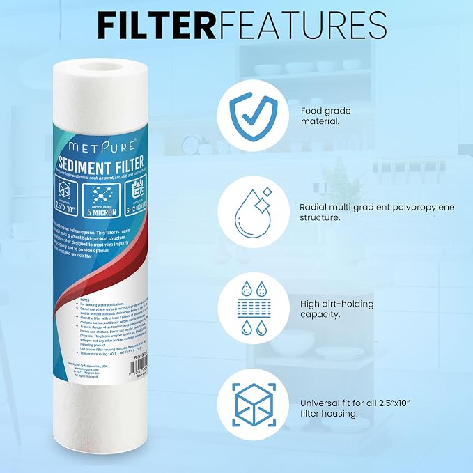 Metpure 6-Pack Sediment Filter 2.5"x10" 5 Micron Multi-Gradient Cartridge