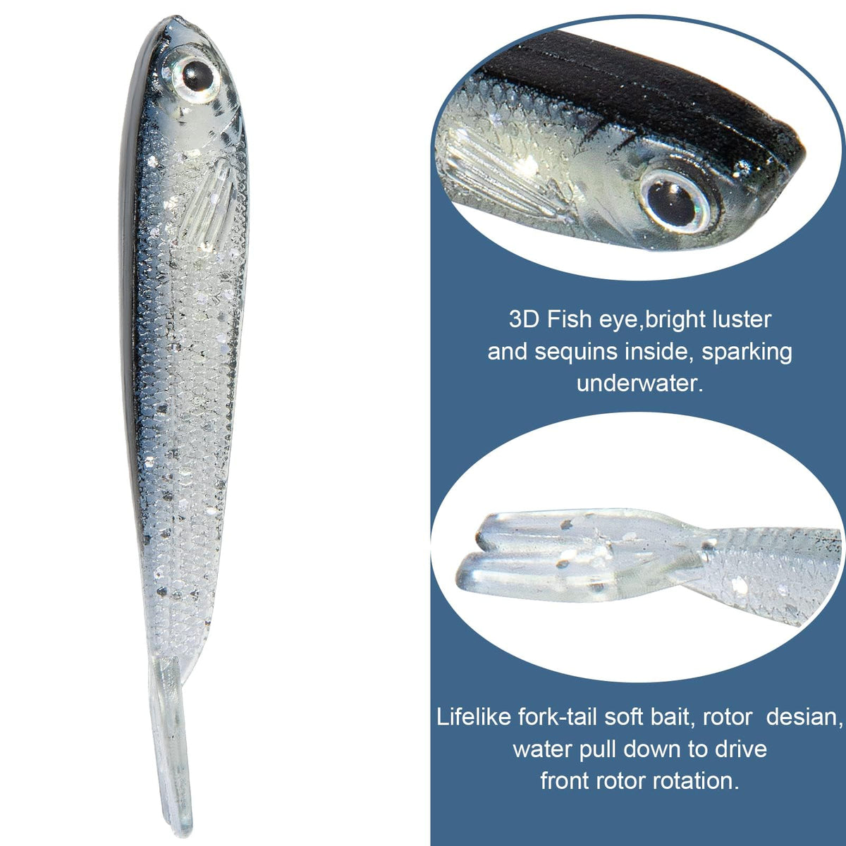 Syosisny 50 PCS Plastic Soft Fishing Lure, Lifelike Forked Tail Minnow, Fishing Baits Tackle for Saltwater and Freshwater Bass, Crappie, Walleye, or Trout Lures