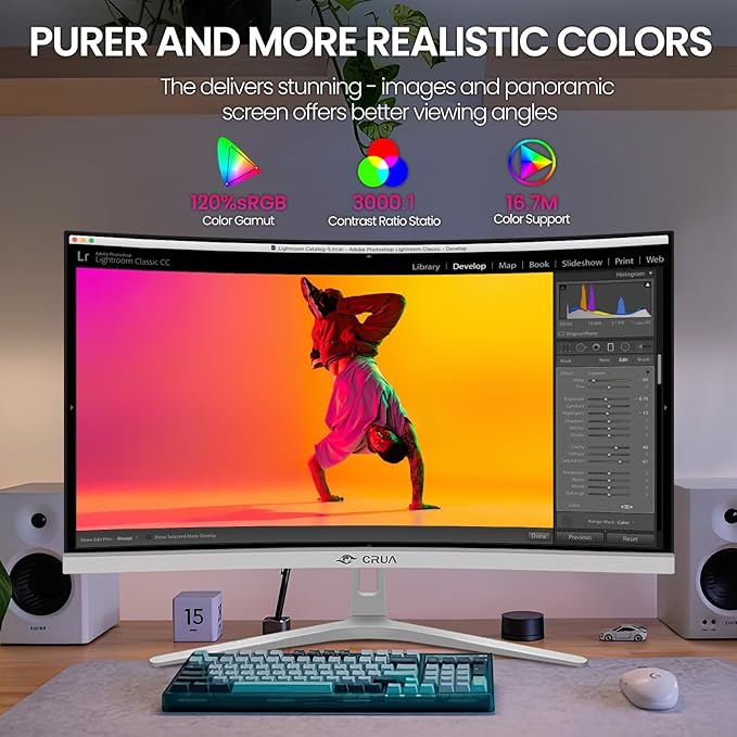 CRUA 27" Curved White Monitor, Full HD(1920x1080P) VA Panel 1800R 100HZ 120% sRGB Professional Computer Monitors, 3Sides Frameless, Flicker-Less,Blue Light Filter, for Office & Gaming (VGA, HDMI)