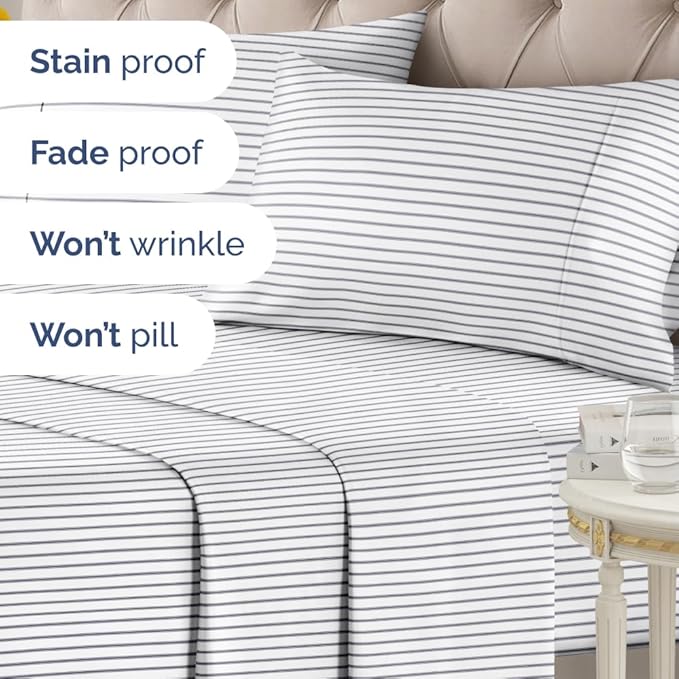 Blue and White Striped Sheets - 1 Flat & 1 Fitted Sheet & 2 Pillowcases w/ Deep Pockets - Cozy, Wrinkle & Fade Resistant - Ultra-Soft, Breathable & Cooling - Luxury Pinstripe Bedding - King Size