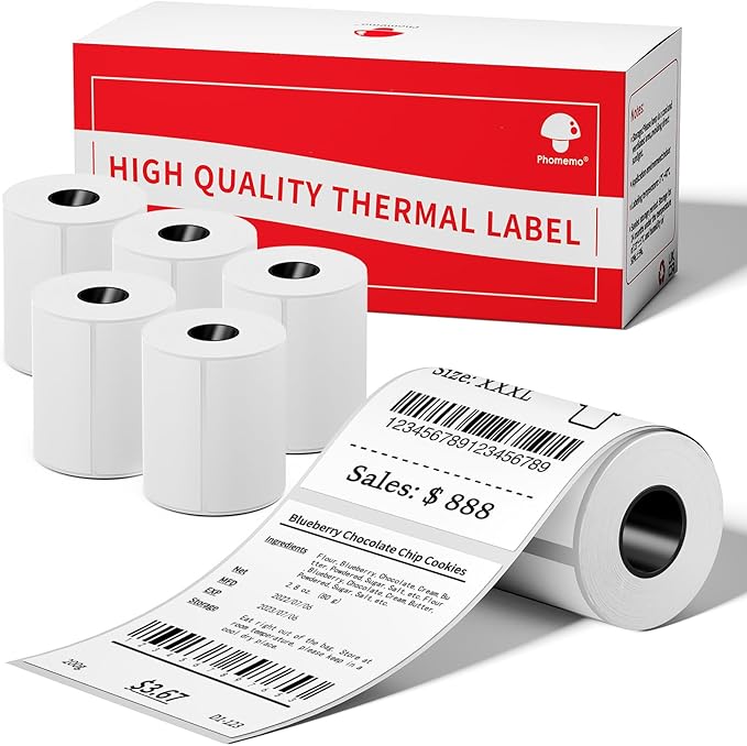 Phomemo [6x100 pcs] Original Labels for M110 M220 M221 M120 M200, 6 Rolls, 1.97''x3.15'' (50x80mm), 100 Label/Roll, Square, White, Also Support Phomemo Shipping Printer for Barcode, Address