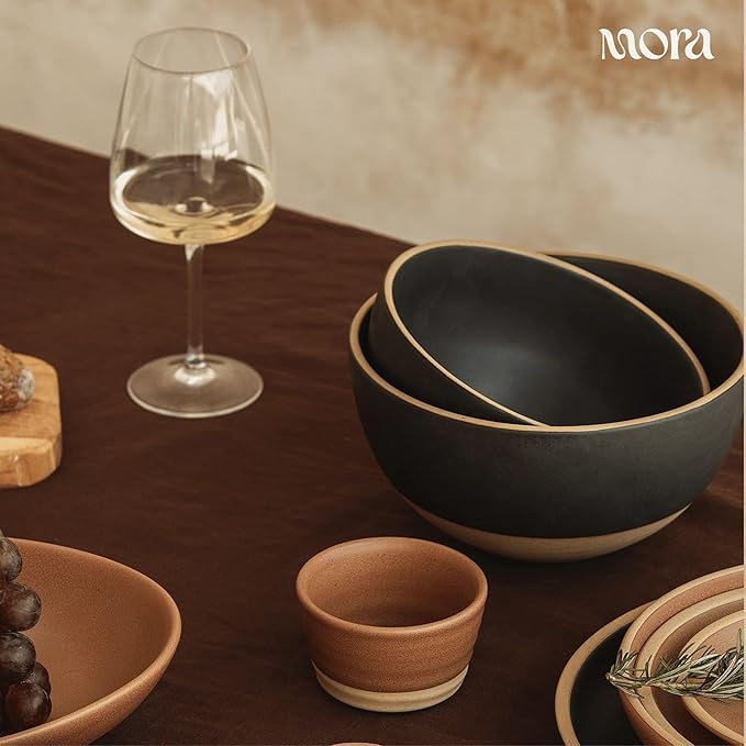 MORA Mega and Giant Bowls Set of 2, 5.5 and 3.5 Qt Ceramic Pottery Mixing Bowls - Microwave and Dishwasher Safe - Liquorice