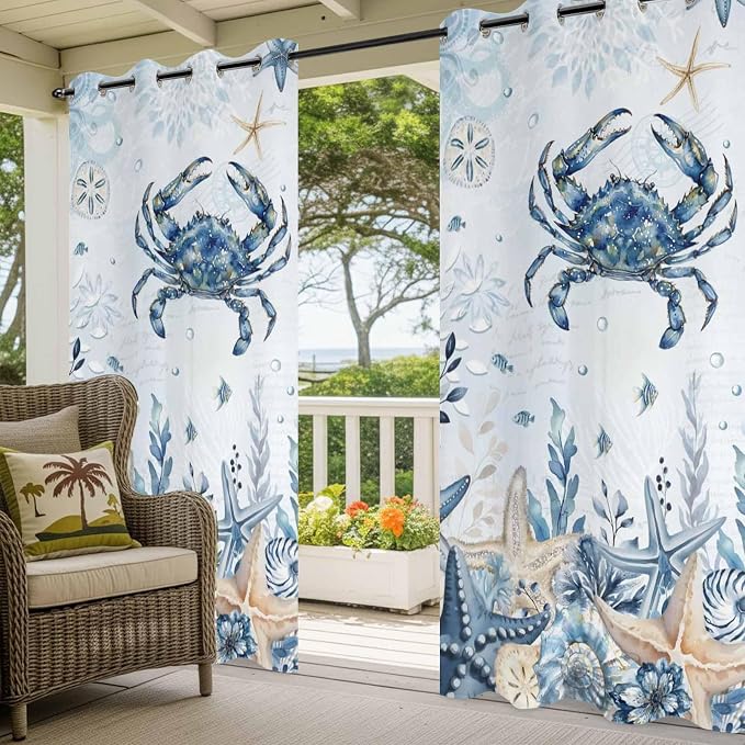 Oceans Outdoor Curtains for Patio Crabs Marine Life Shell Starfish Blue