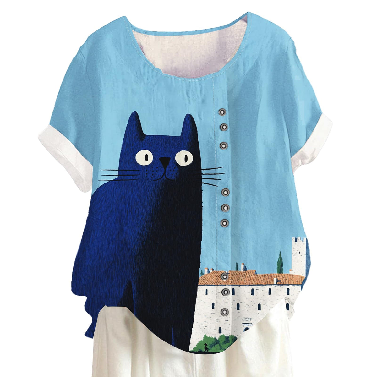Xernbit Womens Fish Graphic Oversized Blouse Summer Fashion Casual Short Sleeve Tshirt Comfy Lightweight Loose Pullover Tops Vacation Beach Blue Cat XL