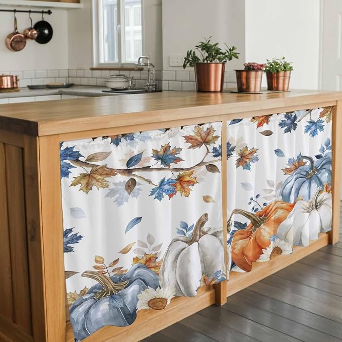 Navy Blue Pumpkin Fall Kitchen Tier Curtains 36 Inch Long 2 Panel Set, Rod