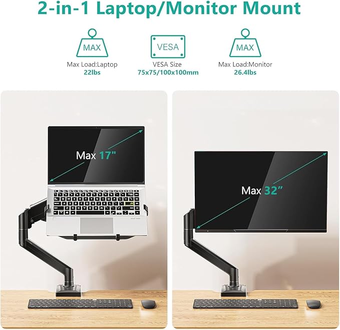 WALI Single Arm Laptop and Monitor Desk Mount for 17" Notebook and Up to 32" Screen, 2-in-1 Adjustable Gas Spring Monitor Arm with Laptop Tray, VESA 75x75 100x100,Holds 22-26.4 lbs, Black (GSMP001NLP)