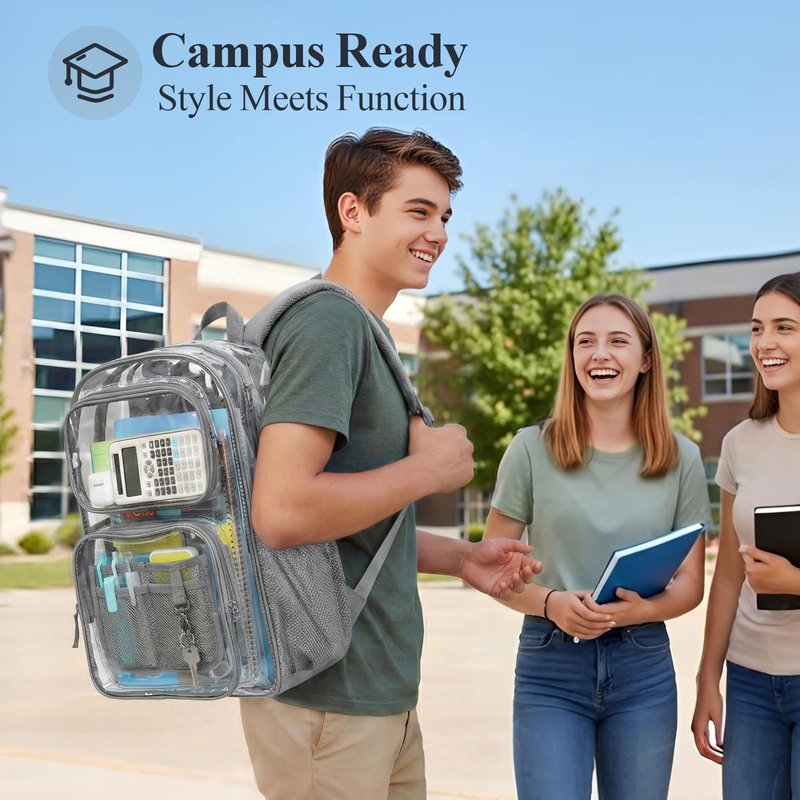 PACKISM Clear Backpack for School - 17 inch Large Heavy Duty Bookbag, Reinforced See Through PVC Transparent Backpack for Students Men Women, Battleship Grey (Age 12+)