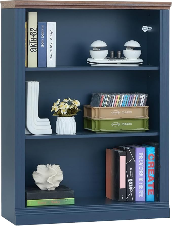 43" Blue Tall Bookshelf Set of 2,3-Tier Thick Wooden Book Shelf with Adjustable Shelves,Free Standing Farmhouse Bookcase with Open Display Storage,Floor Vintage Bookshelves for Living Room