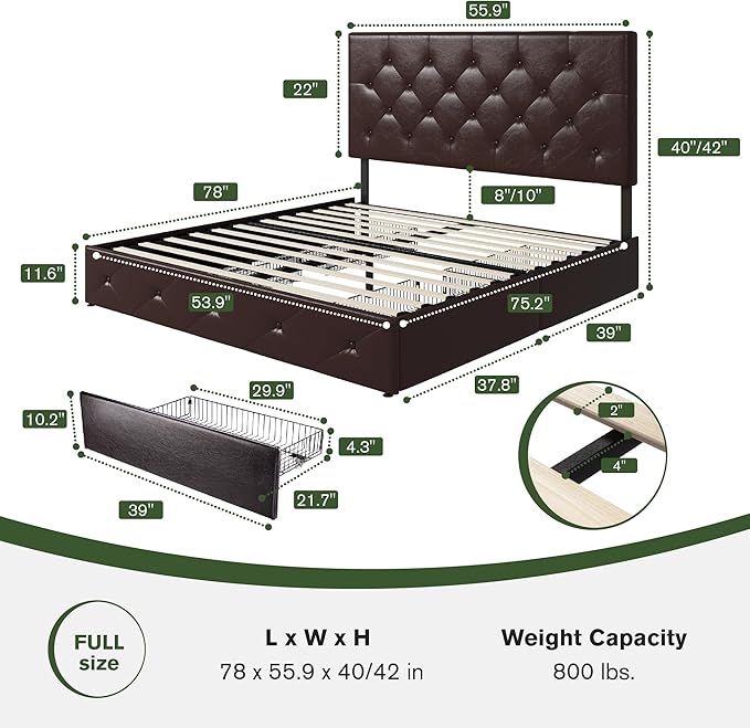 MUTICOR Full Size Bed Frame with 4 Storage Drawers, Upholstered Platform Bed with Button Tufted Adjustable Headboard, No Box Spring Needed, Easy Assembly, Diamond Tufted, Brown Leather