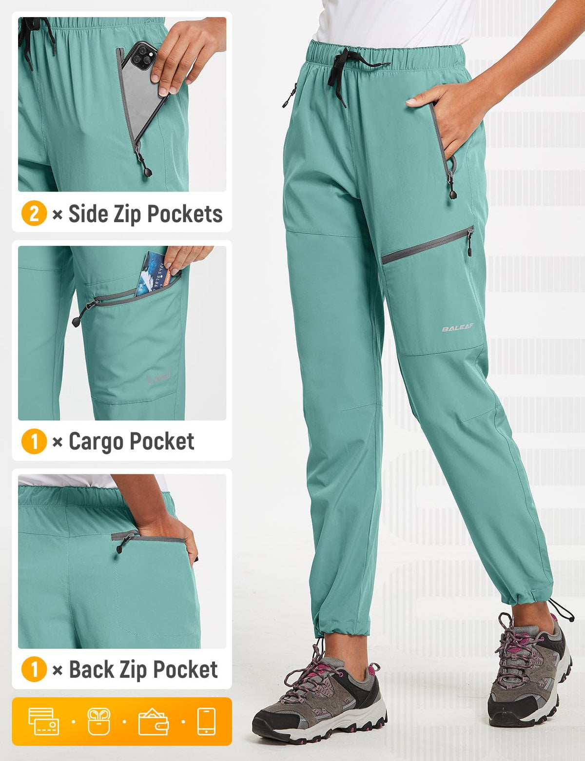 baleaf Women's Hiking Pants Quick Dry Lightweight Water Resistant Stretch Cargo Pants with Zipper Pockets Travel Camping 29''-Pond M