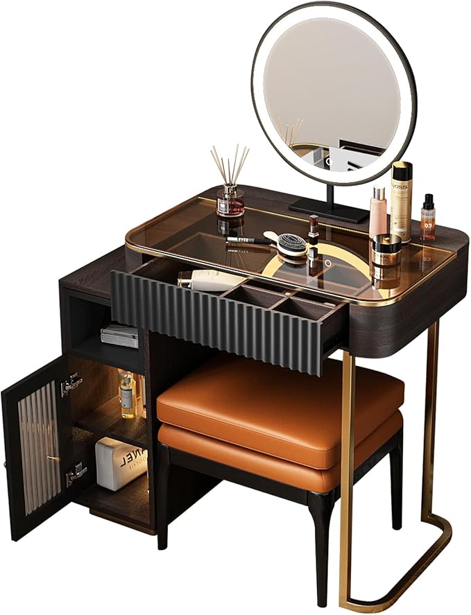 Lartis Makeup Vanity, with LED Makeup Mirror, Three Adjustable Light Levels, Tempered Teal Glass countertop,White Wax Wood Makeup Stool