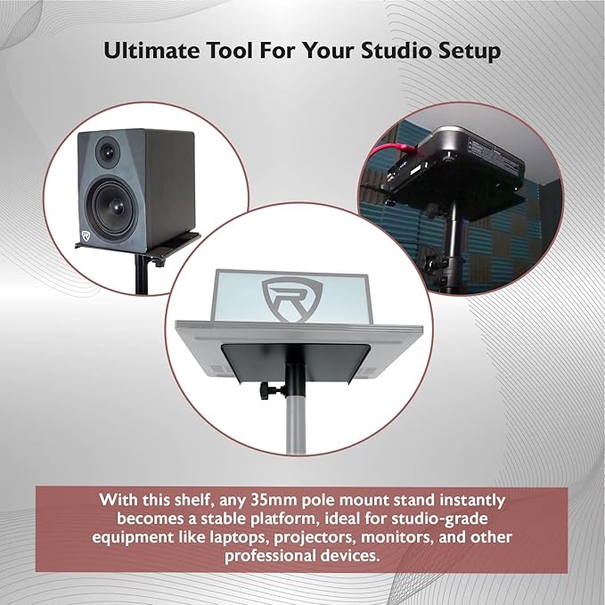 Rockville ACC4 Monitor/Laptop Projector Shelf for 35mm Speaker Stand, 66lb Capacity, EVA-Lined, Easy Adjustment, Perfect for Studio Monitors, Laptops