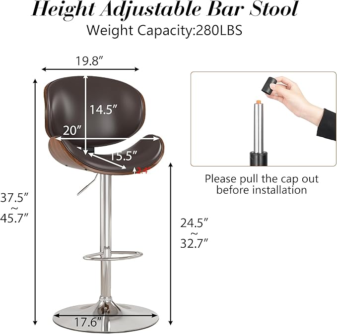 KCC Bar Stools Set of 6, Swivel Adjustable Height Barstools, PU Leather Upholstered Bar Chairs with Footrest, Bentwood Bar Stool for Kitchen, Bar, Dining Room(Brown PU)