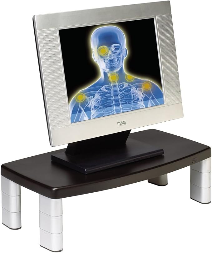 3M Extra Wide Adjustable Monitor Stand, Three Leg Segments Simply Adjust Height from 1" to 5 7/8", Sturdy Platform Holds Up to 40 lbs, 16-inch Space Between Columns for Storage, Silver/Black (MS90B)