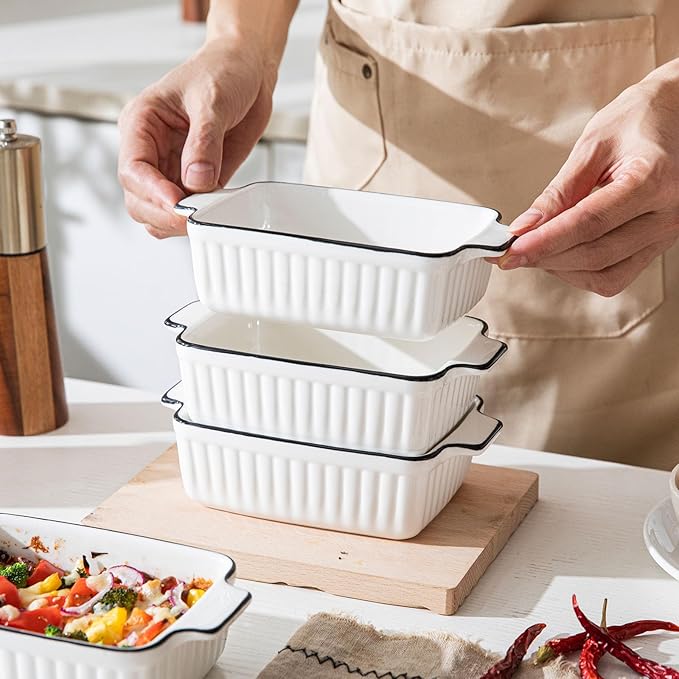 DLIM HOME 12 Oz Casserole Dish, Ceramic Baking Dishes Sets of 4, Small Casserole Dish with Handle, Porcelain Bakeware Sets, 5" Rectangular Baking Serving Dish for Casserole, Cakes, Dishwasher Oven Safe