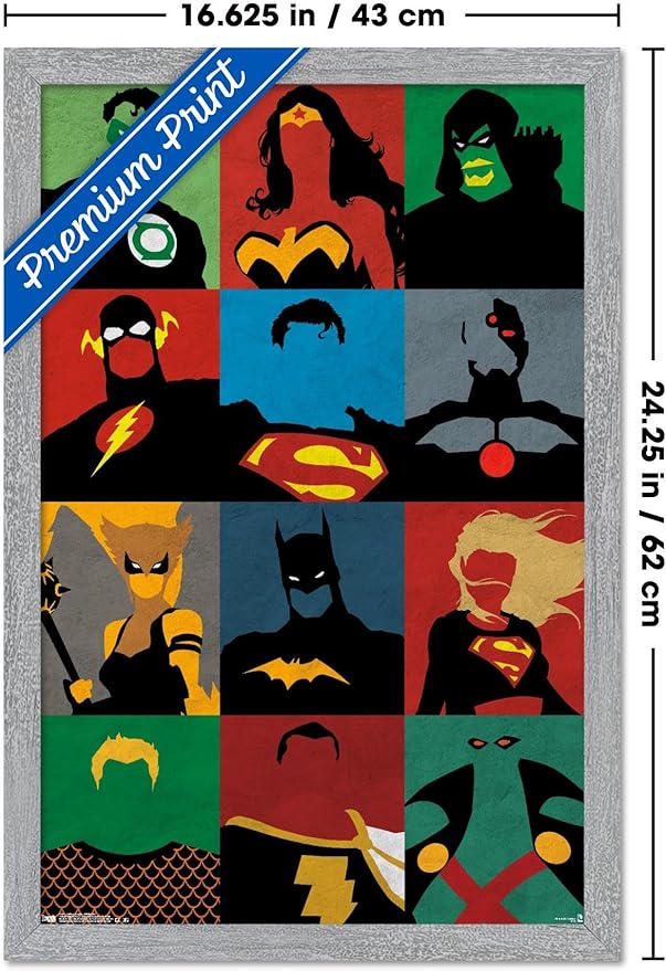 DC Comics Justice League - Minimalist Wall Poster, 22.4L" x 14.7W", Gray Framed Version