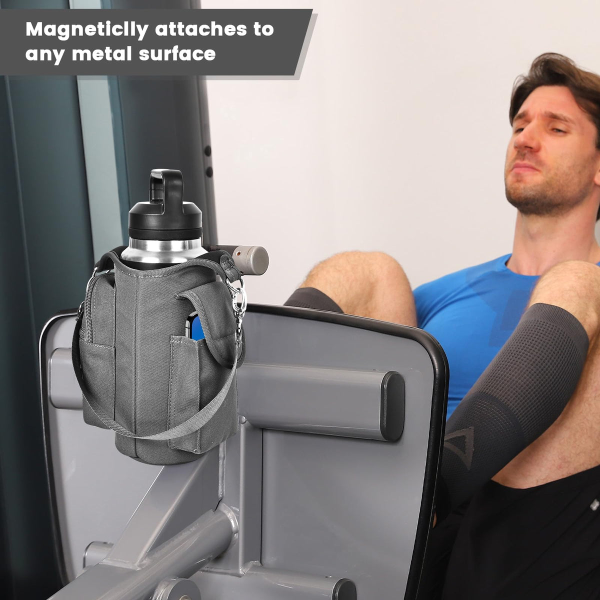 icolor Magnetic Gym Bag Water Bottle Carrier Holder with Phone Pockets & Strap,Nylon Gym Magnetic Bag 5 Built-in Magnets Gym Accessories Organizer Bottle Pouch Sleeve for Men Women (Light Gray)