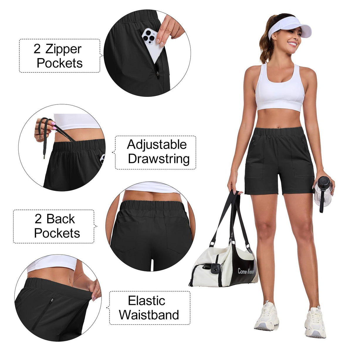 Nomolen Womens 5'' Hiking Athletic Shorts Quick Dry Lightweight Golf Casual Summer Shorts with Zipper Pockets Black L