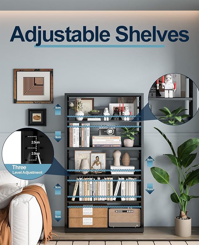 5-Cube Tall Bookshelf, Adjustable Metal Bookcase with Anti-Tip Kit & Leveling Feet, Heavy-Duty Home Storage Organizer, Modern Display Shelves for Books, Toys, CD