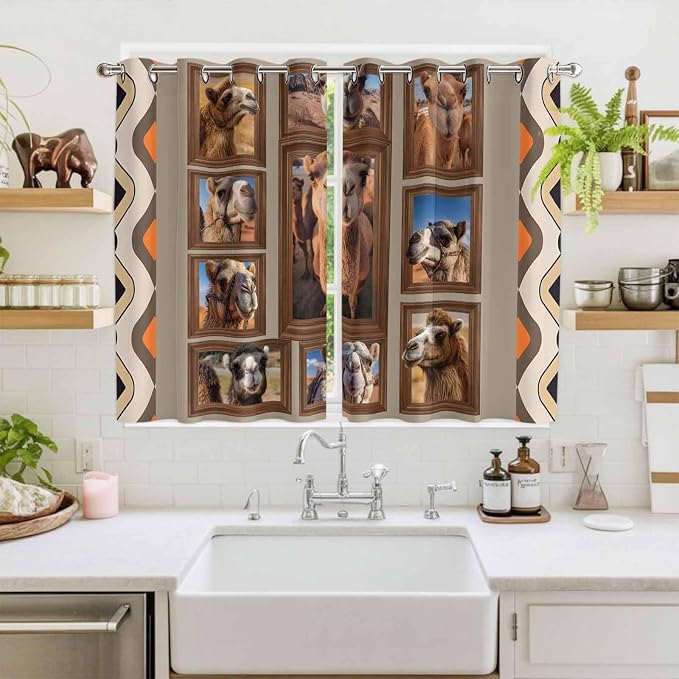 2 Panel Kitchen Cafe Curtains, Desert Camels Sunlight Filtering Nature Air