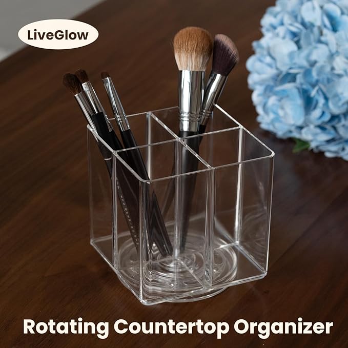 Clear Makeup Brush Holder,Acrylic Rotating 360°Makeup Brush Organizer,Pen holder with 4 Grids,Makeup Holder for Courtup,Containers for Desk