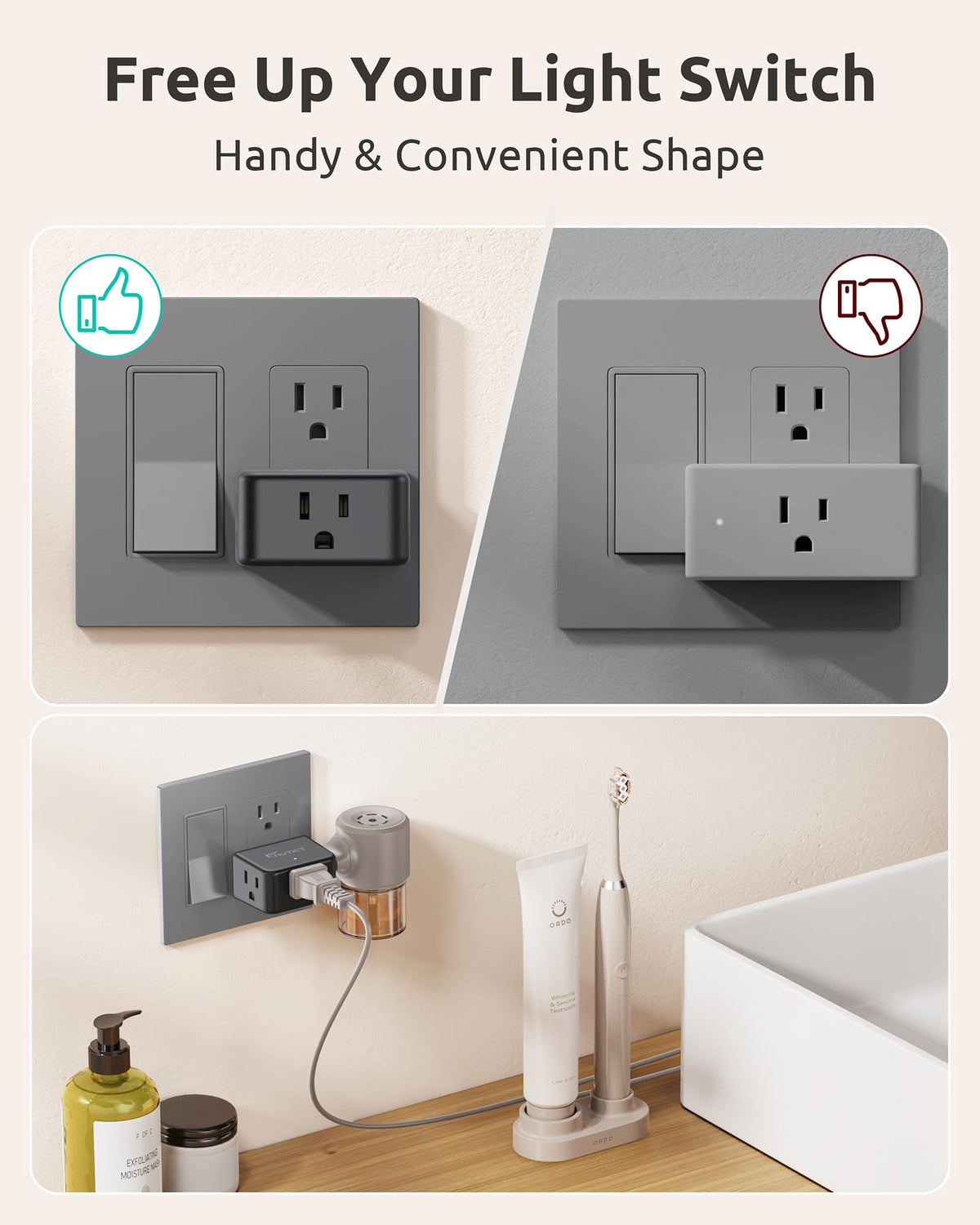 NUTICT Multi Plug Outlet Extender, Small Wall Plug Extender Adapter, Black