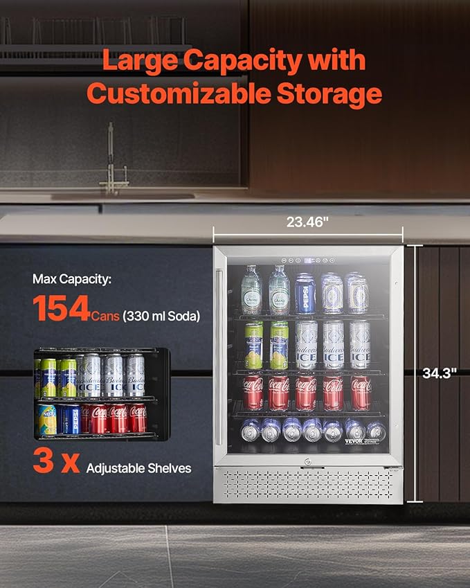 VEVOR Beverage Refrigerator Cooler, 154 Can Beverage Fridge, Mini Fridge with Glass Door, Adjustable Shelves, Digital Temperature Control, Built-in & Freestanding Soda Beer Fridge for Home Office Bar