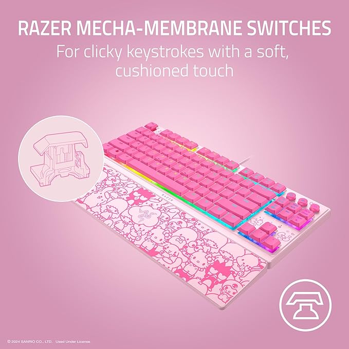 Razer Ornata V3 TKL Gaming Keyboard: Low-Profile Keys - Mecha-Membrane Switches - UV-Coated Keycaps - Backlit Media Keys - 8-Zone RGB Lighting - Magnetic Wrist Wrest - Hello Kitty & Friends Edition