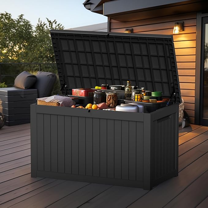 230 Gallon Outdoor Storage Box Waterproof, UV Resistant Resin Deck Box with Hydraulic Rod, Reinforced Stability for Patio, Garden,Striped Black