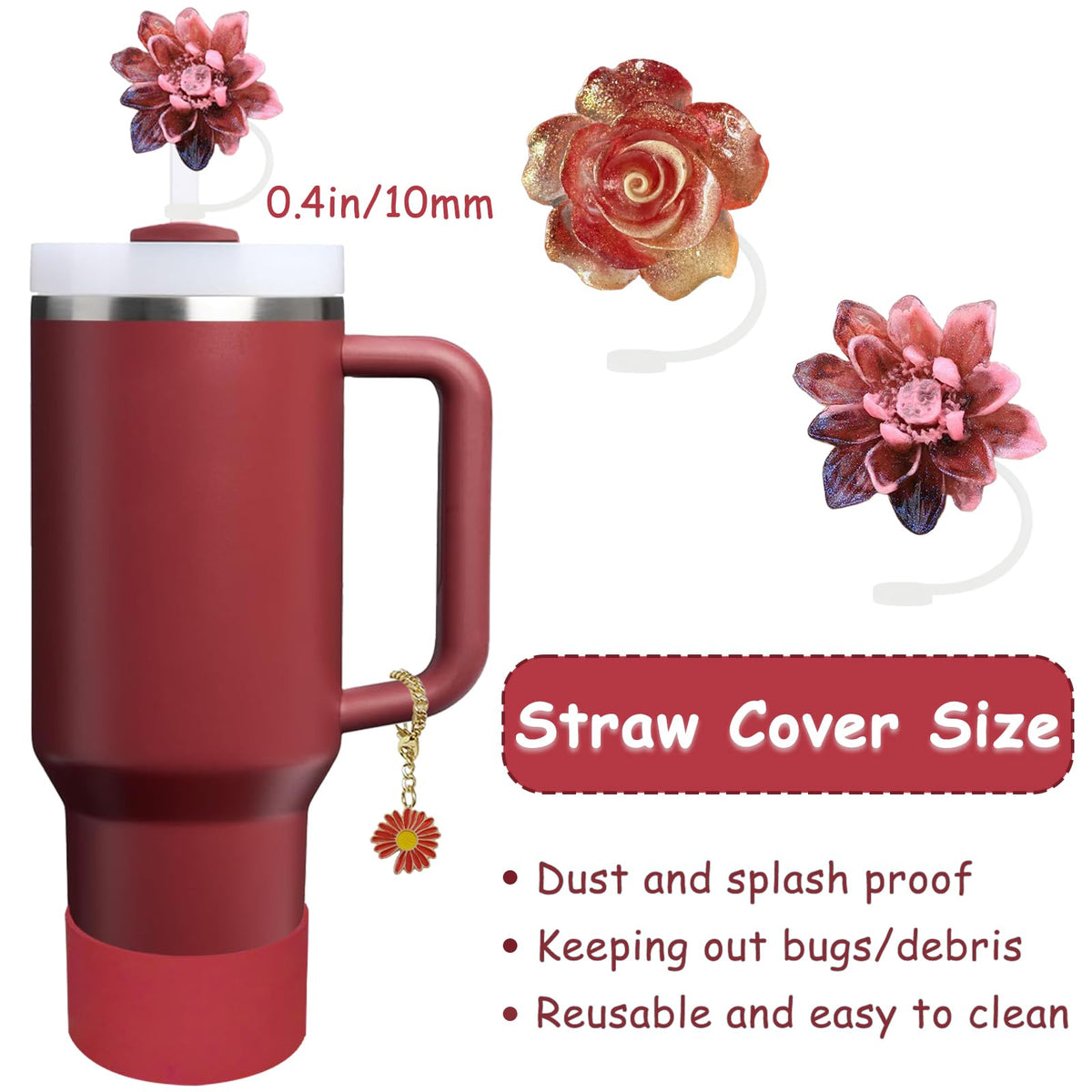 Stanley Cup Accessories Set,Including 2 Pcs 0.4in Straw Cover, 1 Silicone Spill-Proof Stopper Set of 3, 1 Cute Flower Handle Charm, 1 Silicone Boot Fits Stanley 40&30 Oz Tumbler (Cranberry)