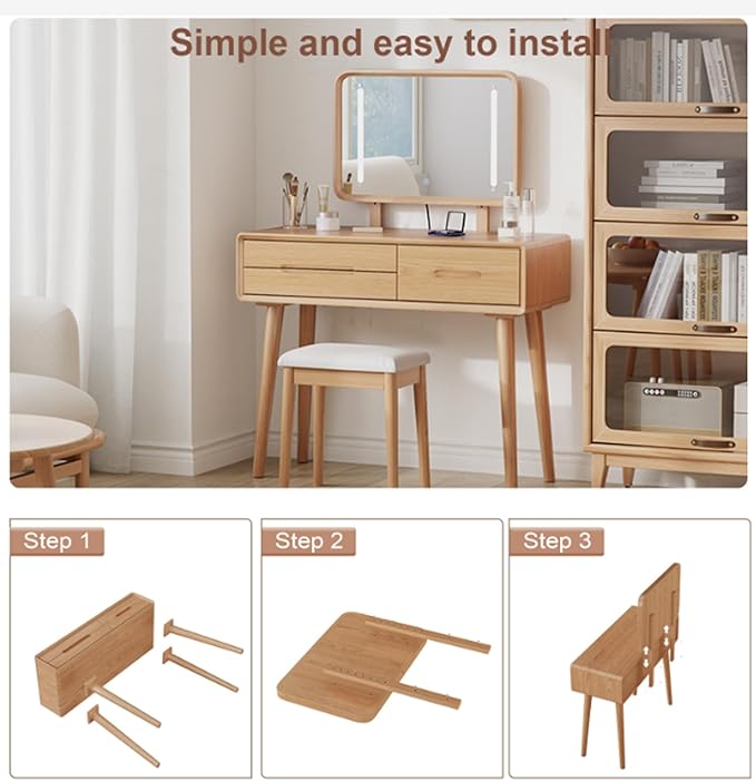 Soild Wood Vanity Table 40 IN with Light Mirror High Adjustable, Make Up Desk Large Dressing Table 3 Lighting Modes, Makeup Vanity 3 Drawer Dresser Vanity Table Wooden for Checkroom Apartment Bedroom